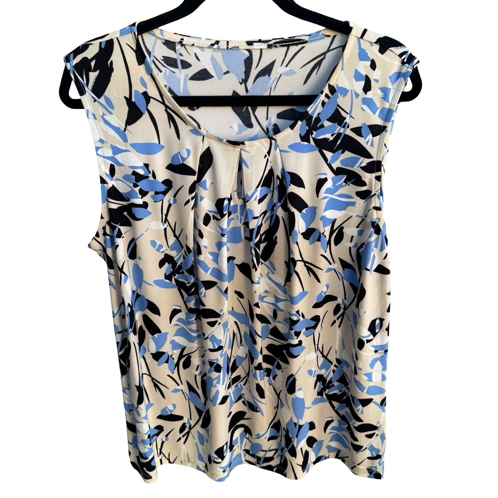 Kasper Professional Abstract Floral Leaf Print Pleated Keyhole Sleeveless Blouse